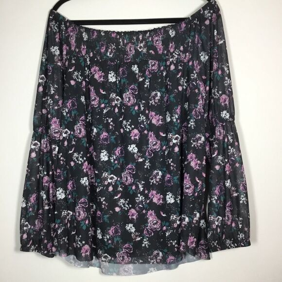 On off shoulder roses print long raunched sleeve blouse peasant milkmaid boho XL - Picture 4 of 8